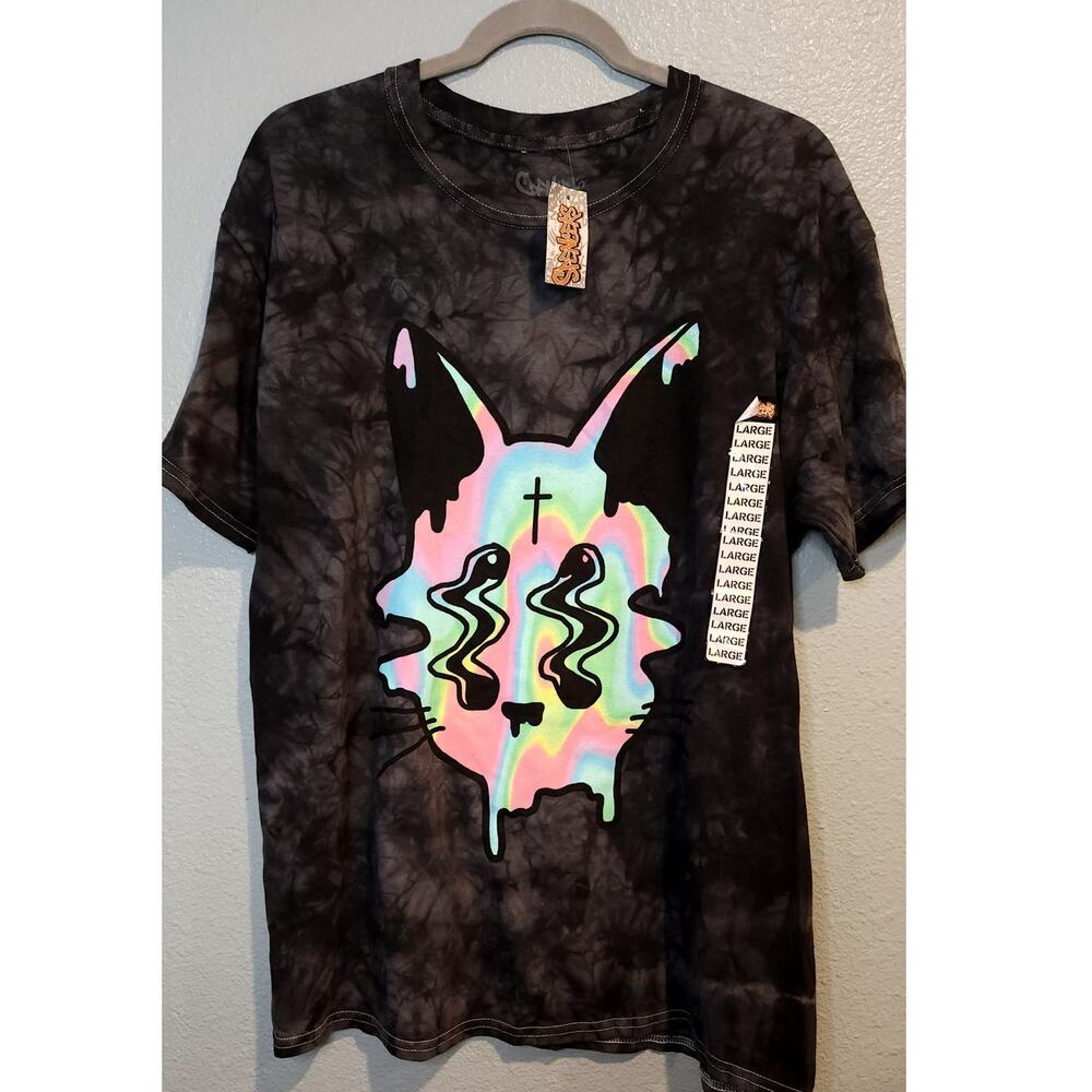 SPENCERS Blackish Psychedelic Melty Meow Tee Adult Large NWT Excellent Condition